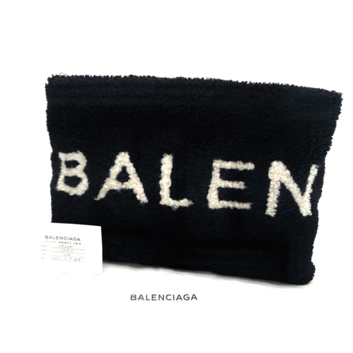 中古】極美品 BALENCIAGA バレンシアガ ロゴ ファー クラッチ バッグ 