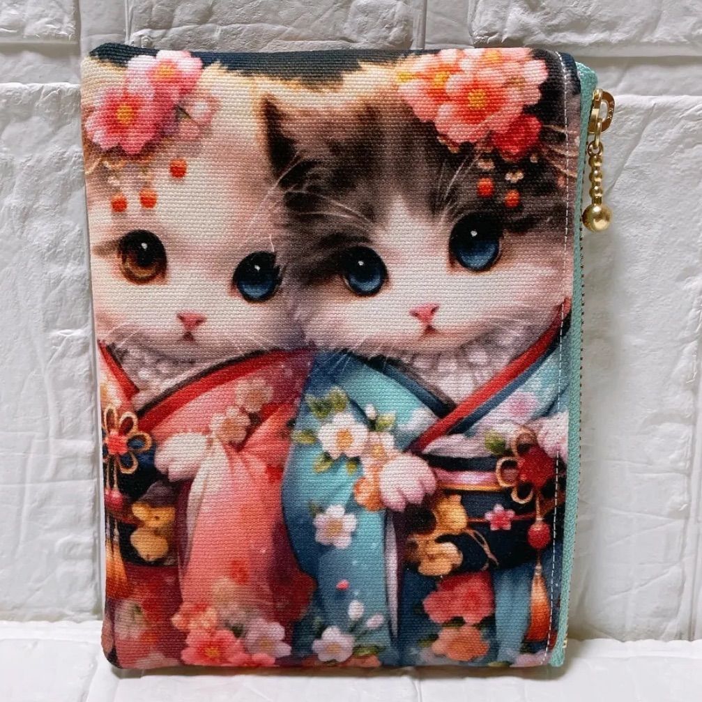フラットポーチ ミニポーチ ハンドメイド 両面パネル生地 着物猫ちゃん