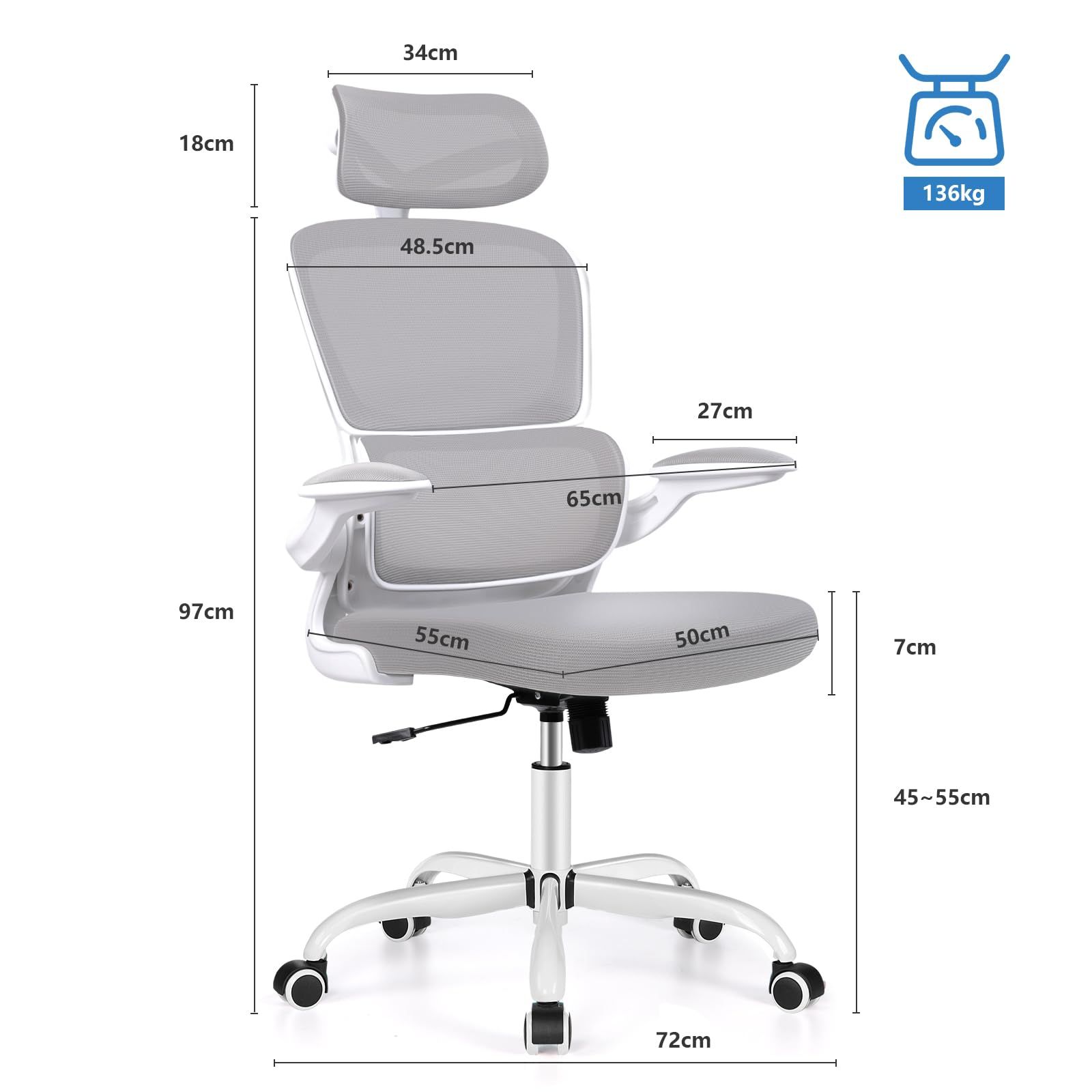 Razzor オフィスチェア 椅子 イス 疲れない 勉強 学習 360度回転 腰に良い テレワーク 人間工学椅子 デスクチェア ランバーサポート付き 可動式ヘッドレスト 通気性メッシュ パソコン ライトグレー RZ2202H-Light Gray