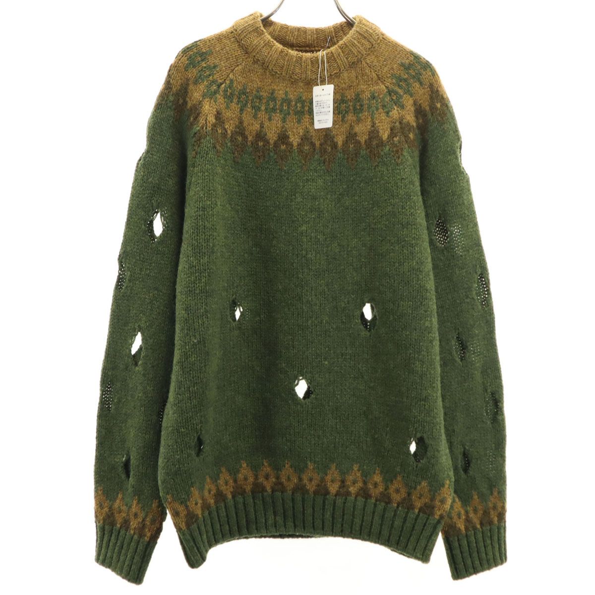 ♥ KAPITAL キャピタル 日本製 長袖 3G カットアウトラグラン セーター 3 カーキ ニット レディース 古着