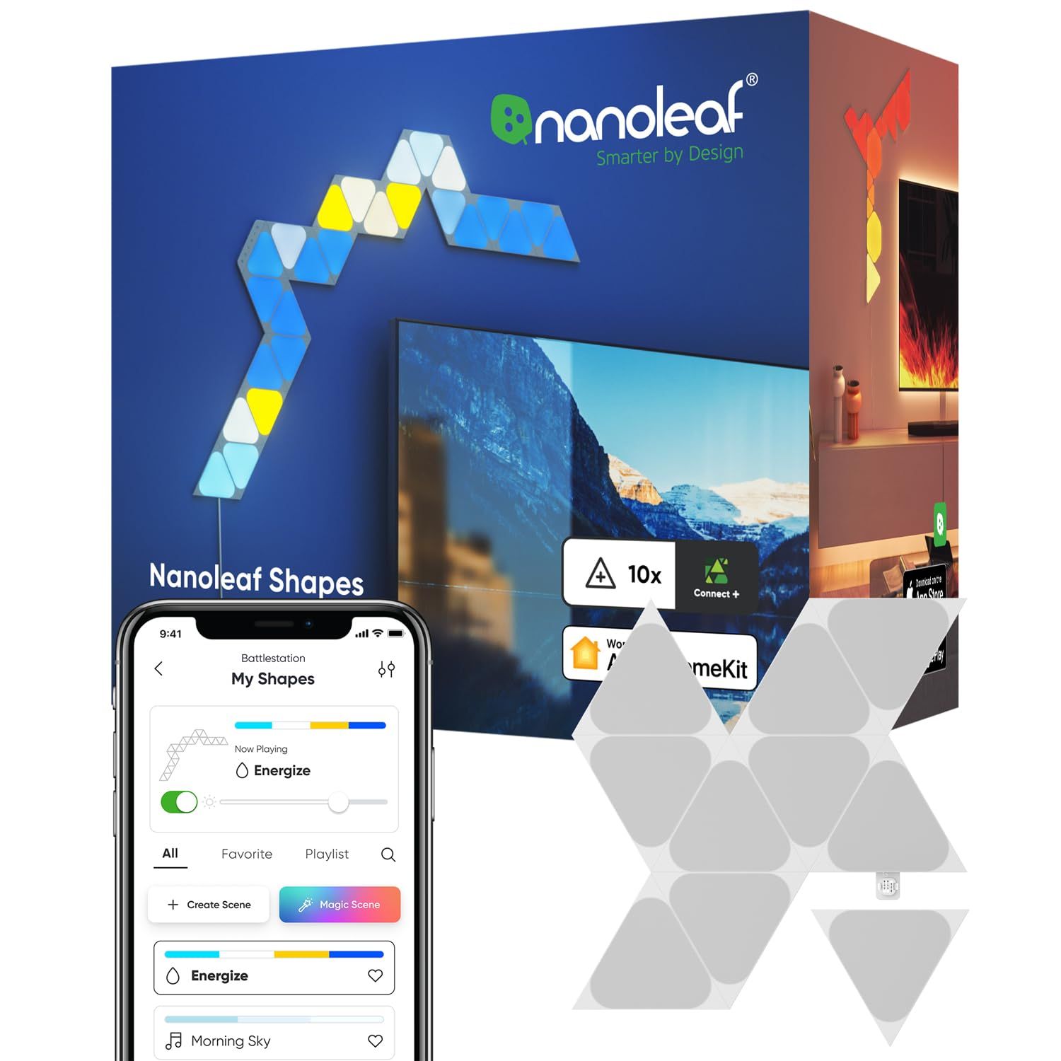 Nanoleaf ナノリーフ Shapes Mini Triangle シェイプス ミニトライアングル 拡張パック 10枚入り 簡単取付 1680万色 RGBCWマルチカラー スマートライト ゲーミングライトパネル インテリア NL47-0002T