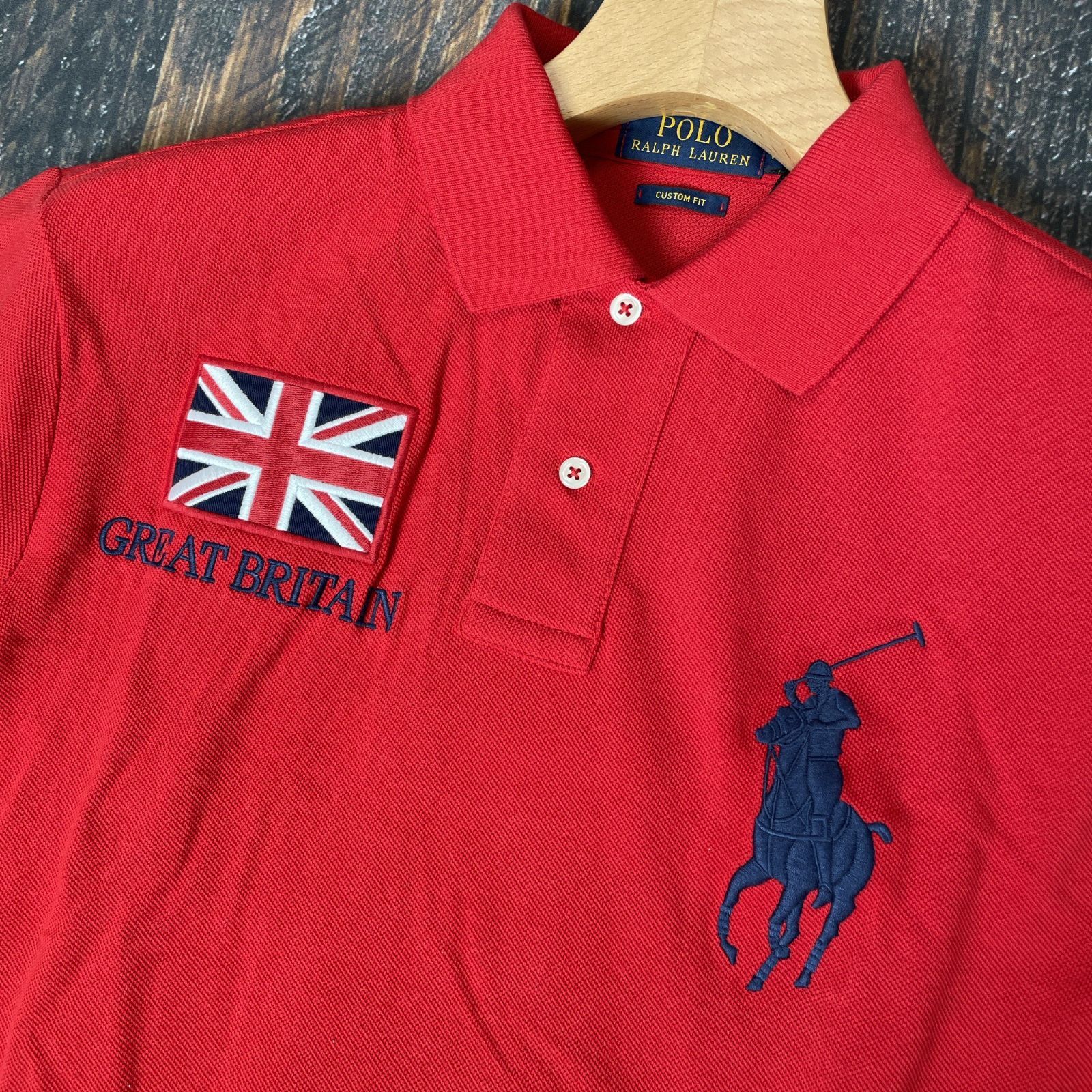 POLO RALPH LAUREN ポロ ラルフローレン メンズ ポロシャツ GREAT BRITAIN 刺繍 ビッグポニー レッド Mサイズ M カスタムフィット 綿 春夏 カジュアル お出かけ ゴルフウェア A-008