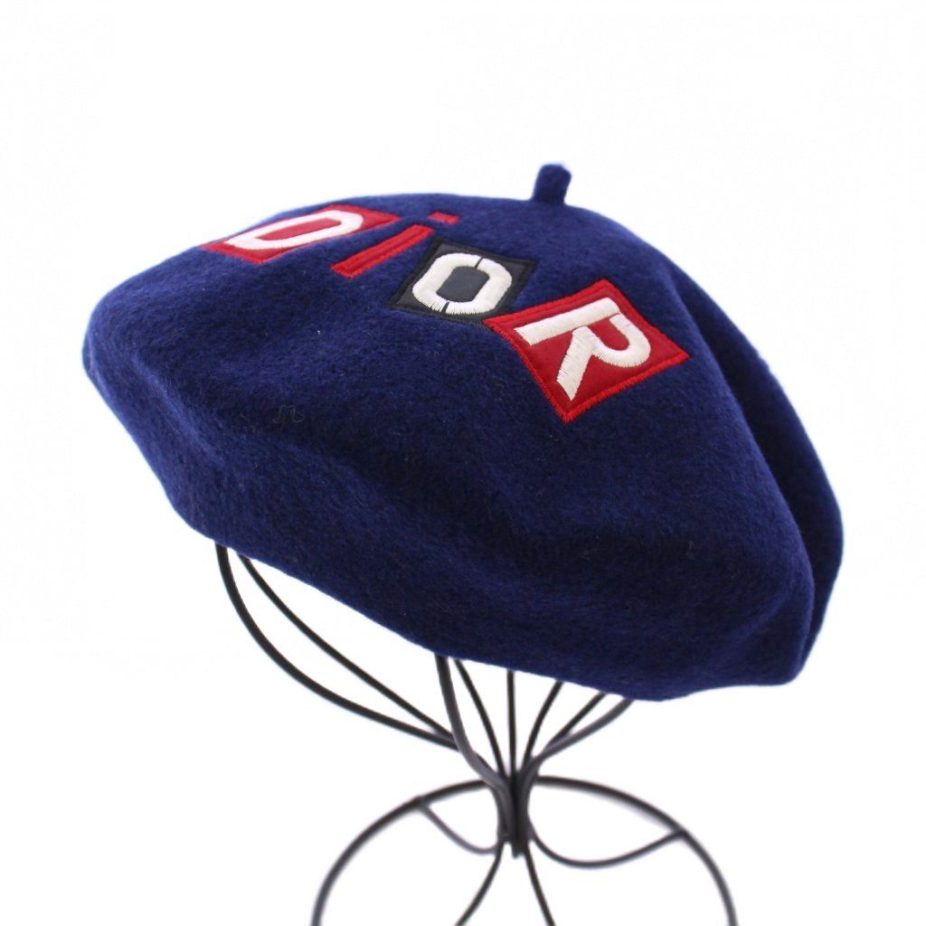 クリスチャンディオール Christian Dior ベレー帽 帽子 ロゴ 刺繍 ウール 紺 ネイビー BB OH
