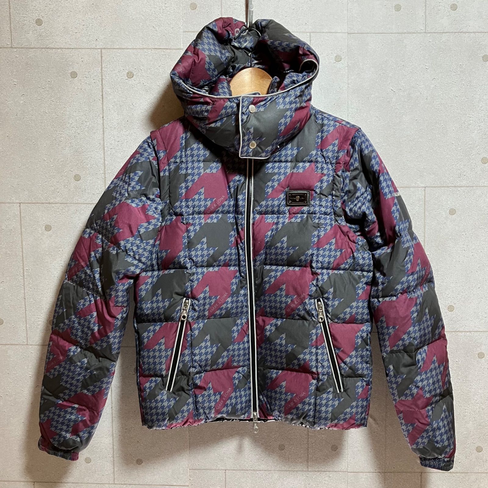 MARK&LONA マークアンドロナ ゴルフウェア 2way ダウンジャケット ダウンベスト 千鳥格子 アウター スポーツ 防寒 M メンズ グレー ネイビー ボルドー SG213-13