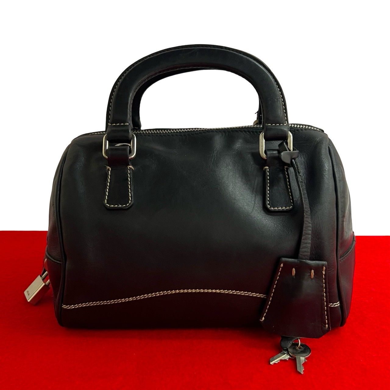 極 美品 プラダ ロゴ レザー ハンドバッグ ミニ ボストンバッグ
