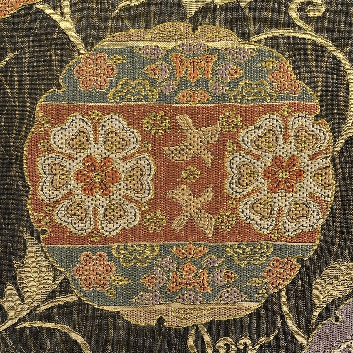 袋帯 美品 秀品 草花 葡萄唐草 金糸 箔 金茶 六通 正絹 【中古