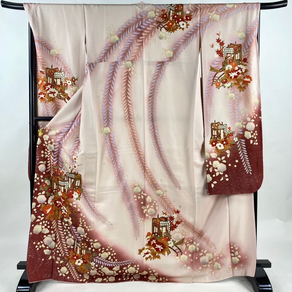 振袖 身丈171cm 裄丈68cm L 袷 御所車 草花 金糸 金彩 ピンク 正絹 秀品