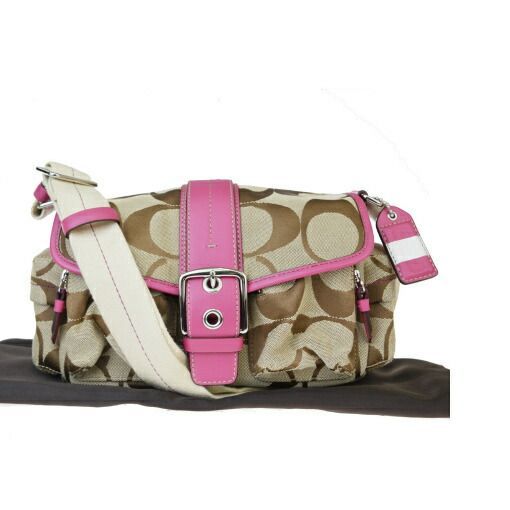 【中古】 コーチ(Coach) シグネチャー 11950 キャンバス，レザー ショルダーバッグ ピンク 03GB449