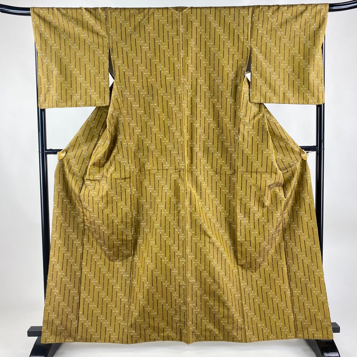 紬 身丈169cm 裄丈69cm L 袷 名古屋帯セット 置賜紬 証紙 幾何学 焦  