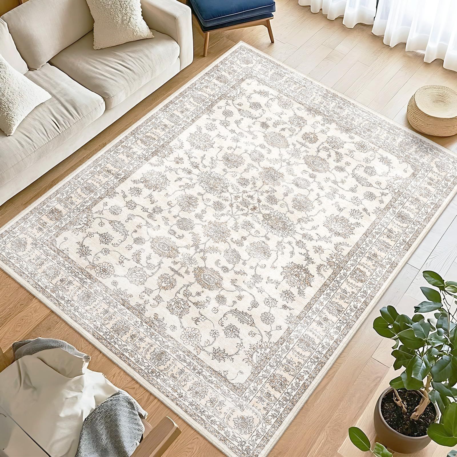 Phonzenuo 洗える ラグマット 3畳 200×250cm 滑り止め付き 長方形 軽量 ペルシャ風 花柄 キャメル 大型 リビング ダイニング ベッドサイド オールシーズン対応