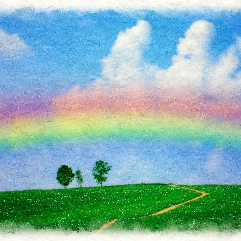 和紙の絵写真 「虹と入道雲と親子の木への道」 立体額縁付き 31x23cm