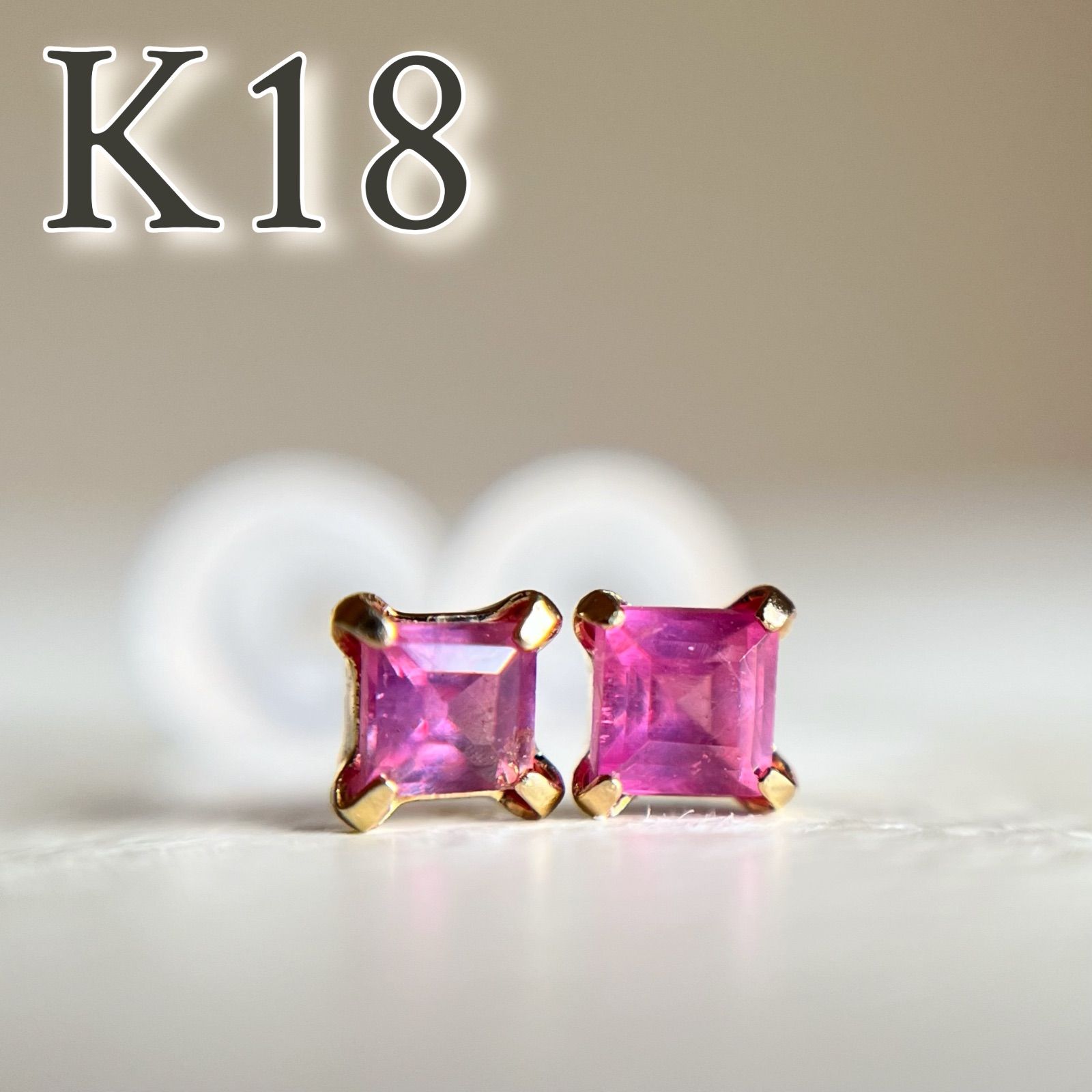 18金 天然ルビー K18 スクエアエメラルドカット ピアス　ゴールド-042 18金 天然ルビー K18 スクエアエメラルドカット ピアス ゴールド-042