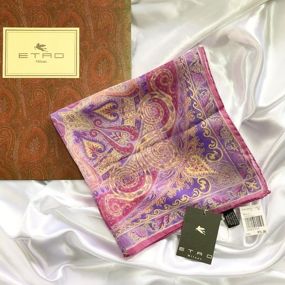エトロ ウール シルク 絹 スカーフ ペイズリー 紫 パープル 美品 販売