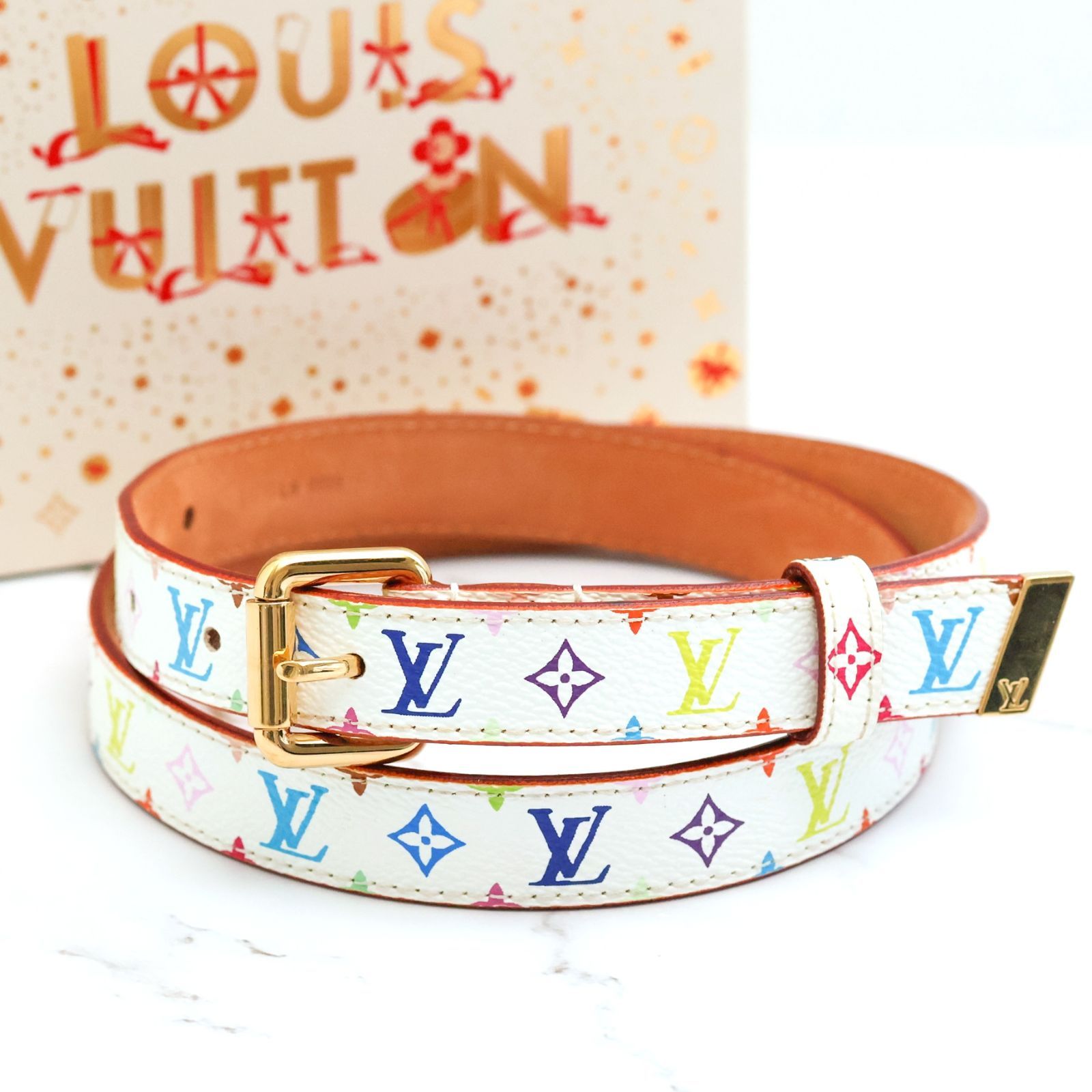 ルイヴィトン サンチュール キャレ モノグラム マルチカラー ベルト レディース 75/30 ホワイト LOUIS VUITTON ブロン  ゴールド金具 箱付き M9272