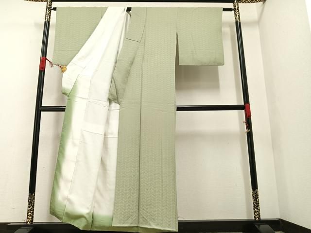 平和屋着物▽結城紬 単衣 色無地 白群色 正絹 逸品 未使用