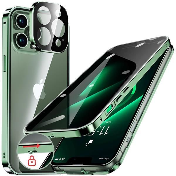 iPhone 13 Pro Max_アルパイングリーン HGUTREY【覗き見防止・自動ポップアップボタン】 iPhone13 Pro Max 用 ケース ロック付き ストラップホール付き 一体型レンズ保護 両面9H強化ガラス iPhone13プロマ