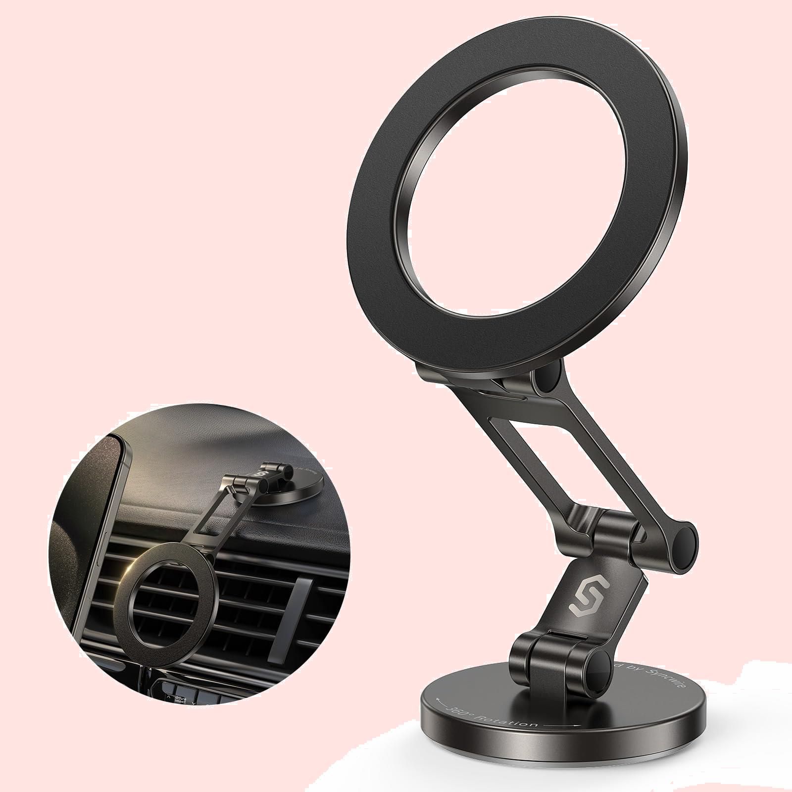 【人気商品】SyncwireはMagSafe車載ホルダーに対応、3つ折り可能な磁気スマホホルダー、360回転全金属ボディ車載ホルダー、強力なマグネットでダッシュボードマウント、iPhone 15 Pro Max 14 13およ