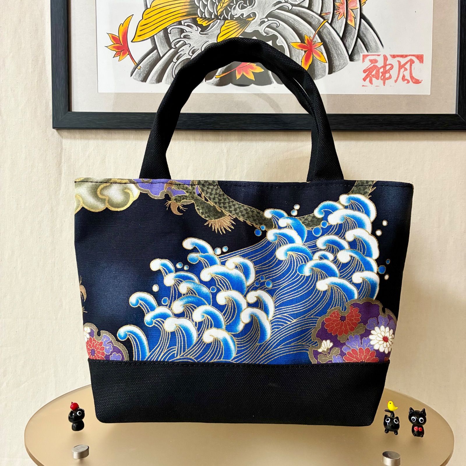 和柄ミニトートバッグ 龍柄 ブラック 内ポケット&Dカン付き