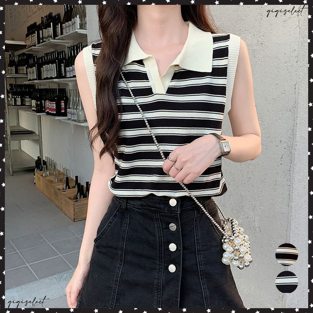 サマーニットトップス ノースリーブ 夏服襟付き ボーダーニット 袖なしショート丈トップス レディース プチプラ クロップド丈カットソー 1枚で決まる ポロシャツ韓国オルチャン夏服 ニッ