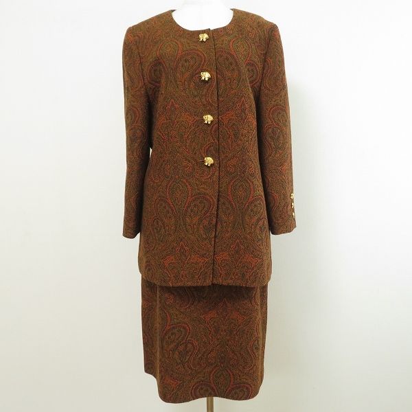wnc レリアン Leilian スカートスーツ 13 茶 オレンジ ツイード ペイズリー 金ボタン ノー ゾウ 大きいサイズ レディース 965605