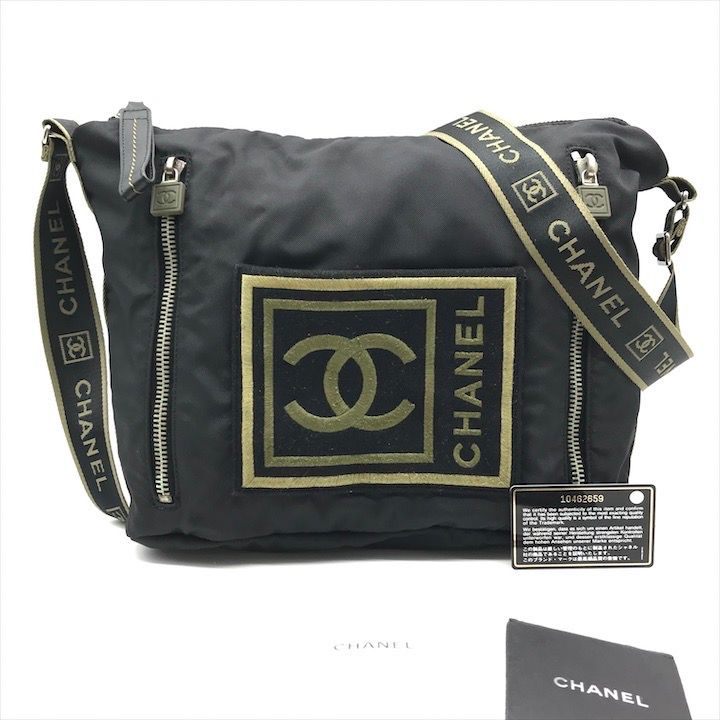 良品 CHANEL シャネル ココマーク スポーツ ライン ナイロン ショルダー バッグ 斜め掛け ブラック k3504