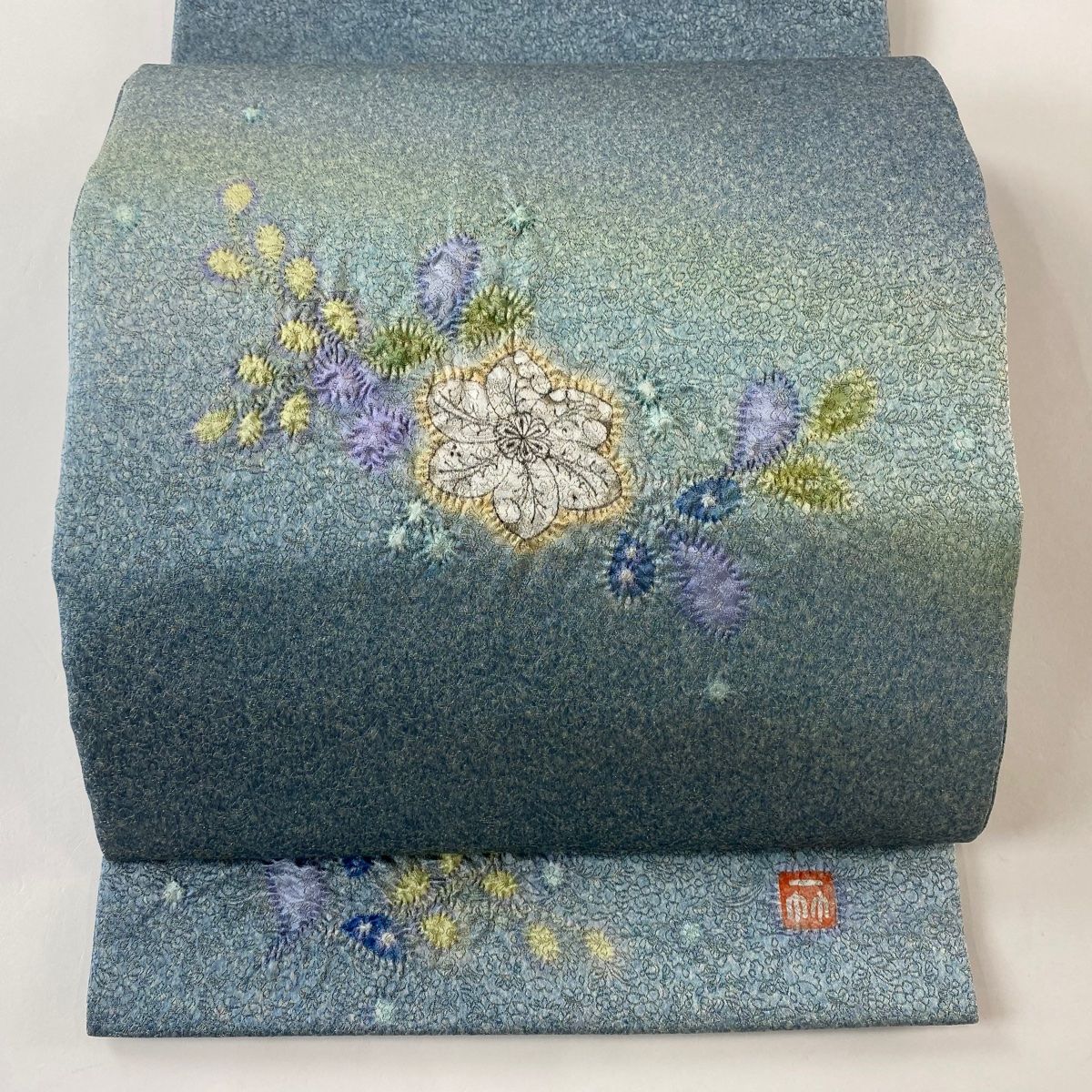 袋帯 久保田一竹工房 落款 辻が花 金糸 青灰色 お太鼓柄 正絹