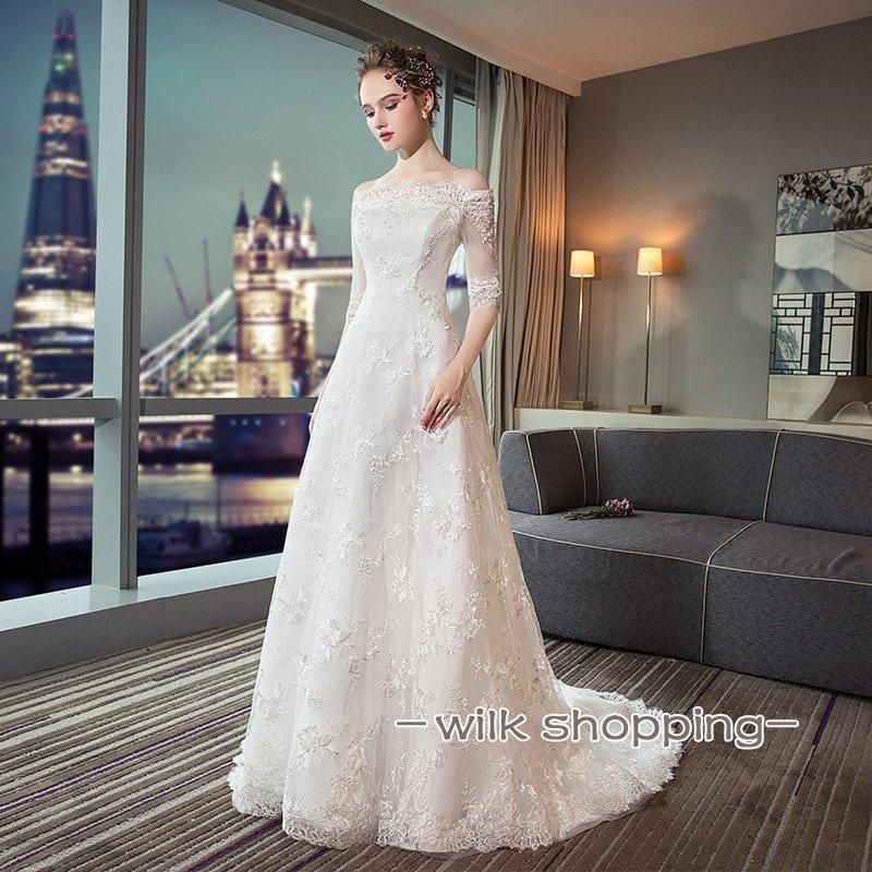 ウエディングドレス aライン 安い 半袖 ウェディングドレス ロング 花嫁 結婚式 白 パーティードレス 二次会 ブライダルワンピース 演奏会 イブニングドレス