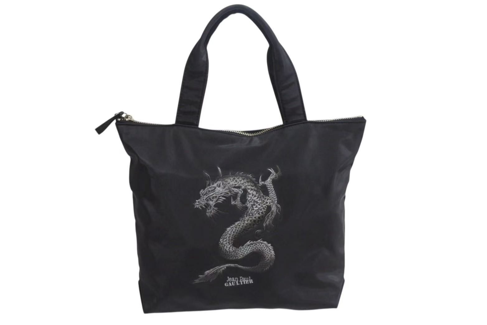 Jean Paul Gaultier ジャンポールゴルチェ ハンドバッグ ドラゴン タトゥー ブラック グレー ナイロン シルバー金具 龍 4b002366