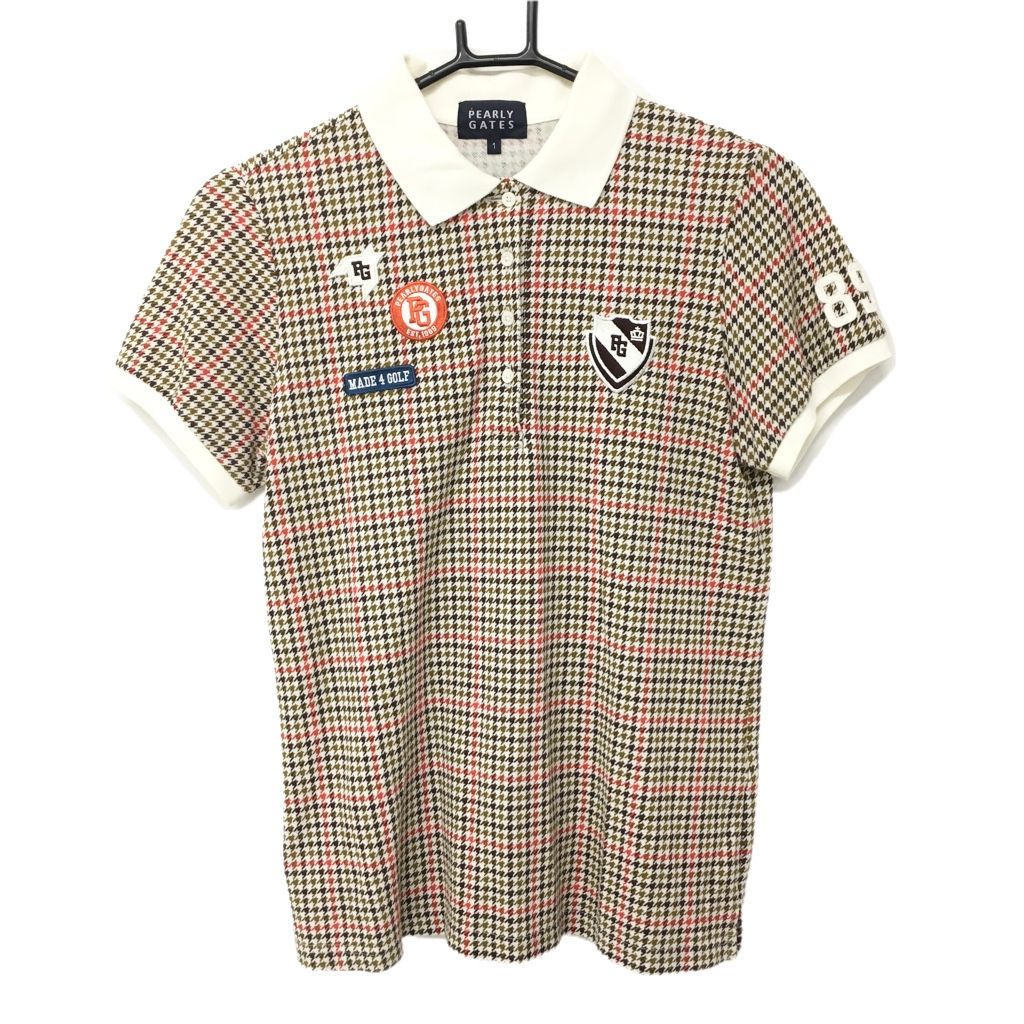 【超美品】パーリーゲイツ 半袖ポロシャツ 白×ブラウン 千鳥格子 複数ワッペン レディース 1(M) ゴルフウェア PEARLY GATES