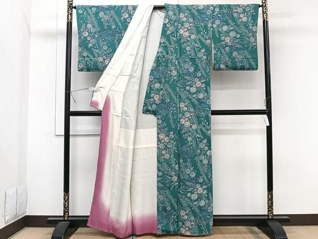 平和屋着物▽上質な小紋 単衣 型染め 吉祥花文 鬼しぼ