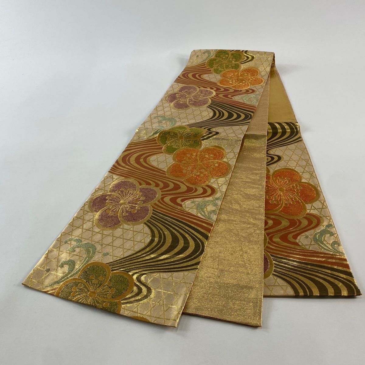 【正規品取扱店】 ! 袋帯 秀品 梅 流水 金糸 箔 金色 六通 正絹 2025年新作。
