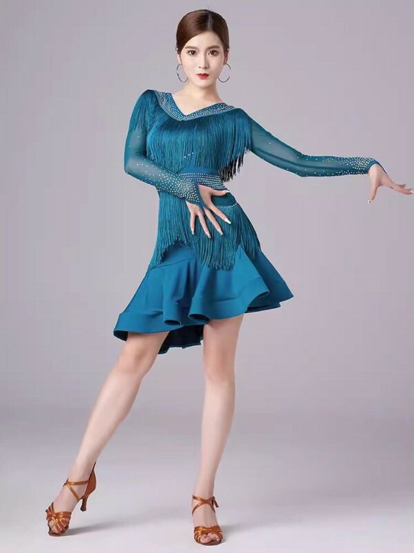 送料無料の商品多数！ 社交ダンス ラテンドレス 社交ダンス ワンピース ダンス衣装 演技服 ワンピース 透け感 装飾あり 練習着 長袖 ワルツ チャチャチャ ラテン ステージ衣装 演出着 演出用 フリンジ 黒 赤