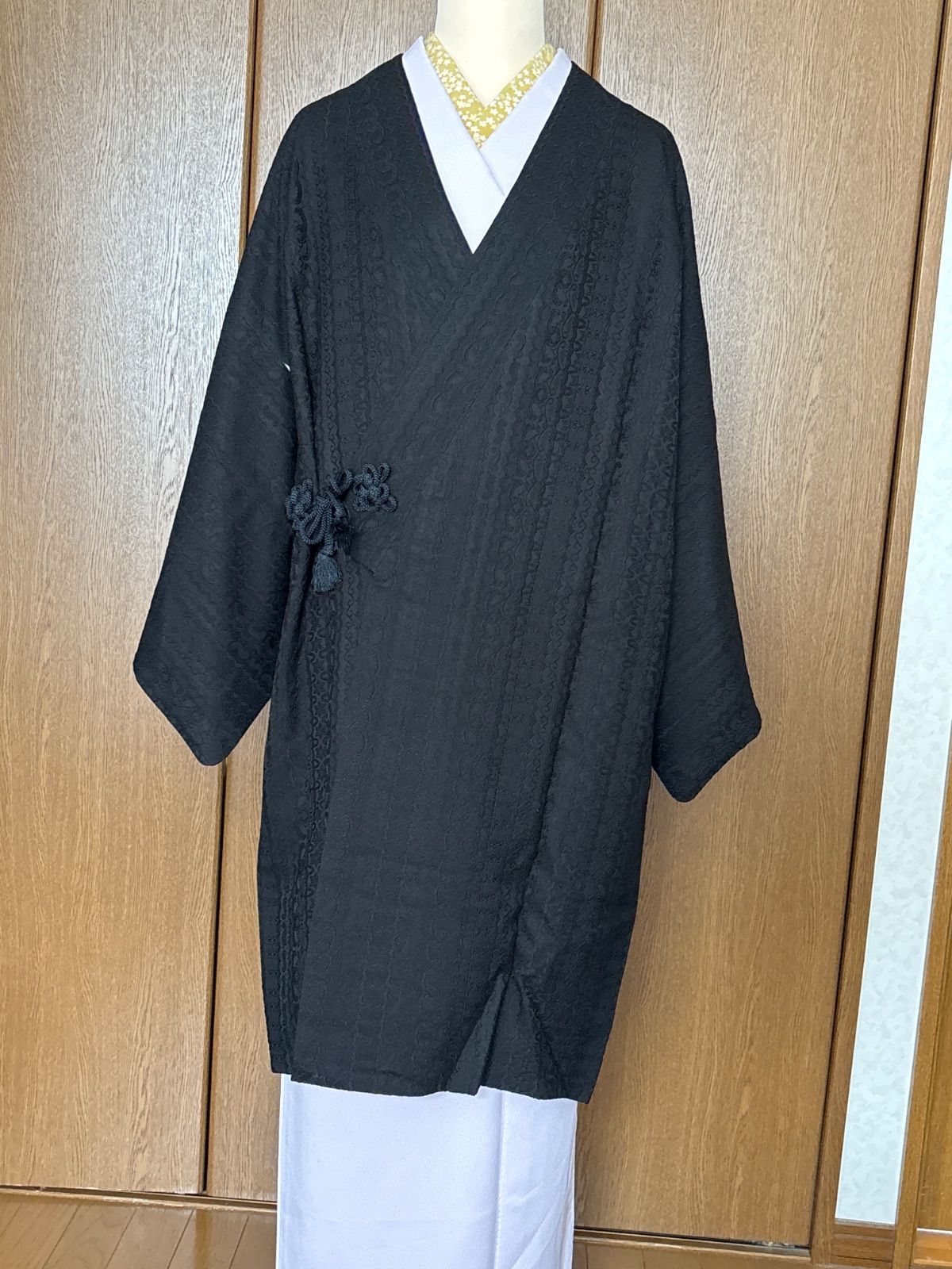 レース柄 ガード付 道中着 ショール付き 黒 裄64