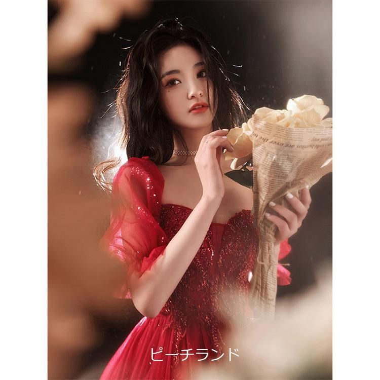 カラードレス ロングドレス 赤 ワインレッド 演奏会 Aラインドレス