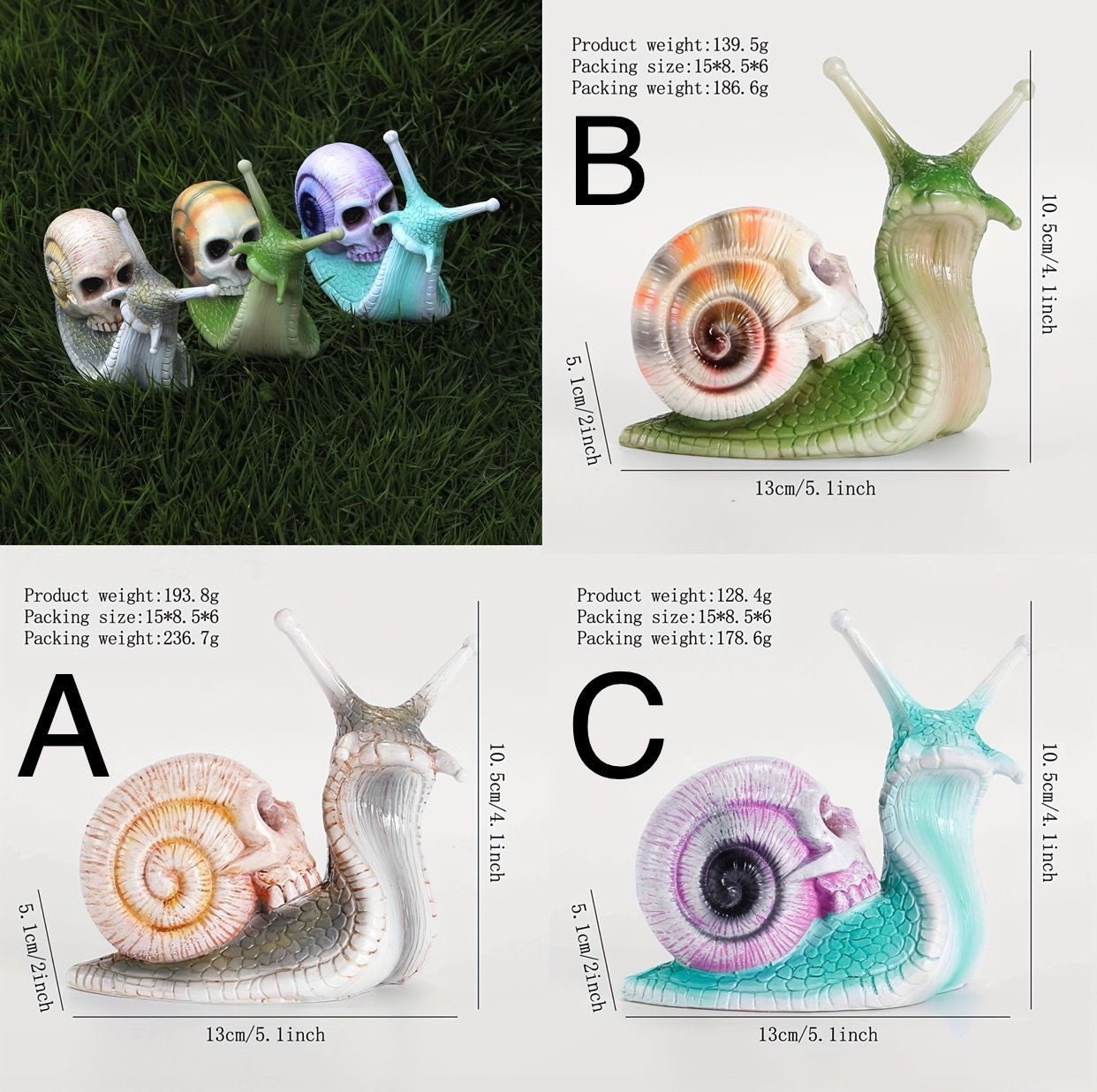 3体セット カタツムリ 置物 フィギュア 樹脂製 13cm 水色 化け物 がい