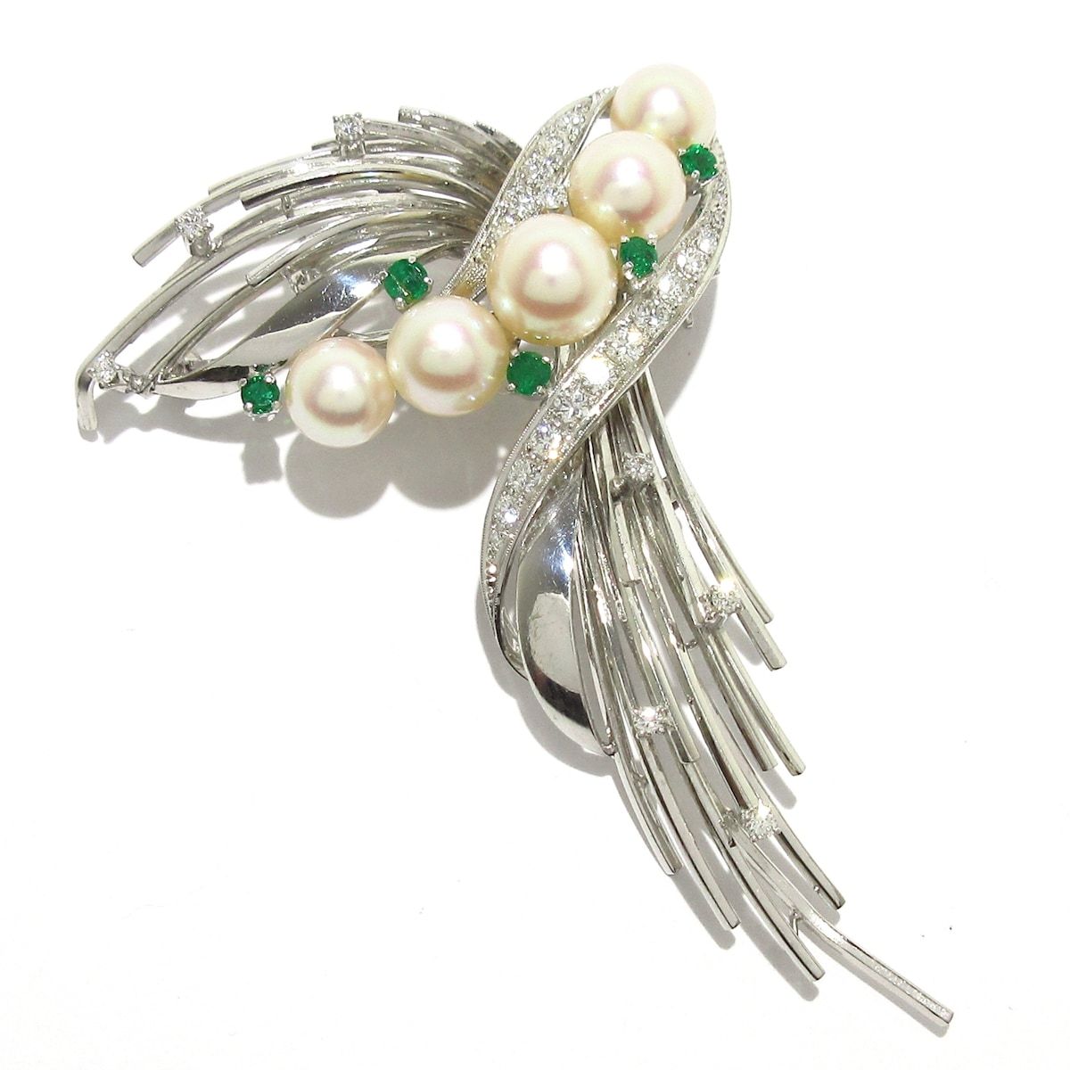 mikimoto ミキモト ブローチ - K14WG×ダイヤモンド×エメラルド 5Pパール パール直径約7mm-10mm 28Pダイヤ SIROKUMA-CORPORATION_COM