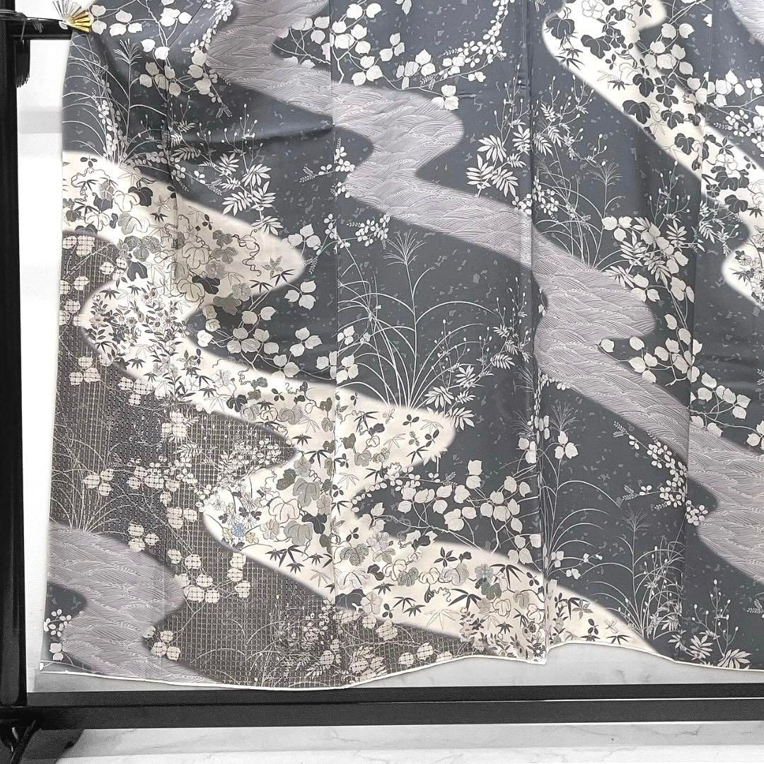 訪問着 スワトウ刺繍 金糸 流水 花模様 竹 リーフ 紋無し 着物