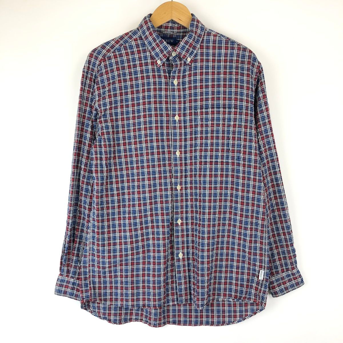 【古着】 J.CREW ジェイクルー チェックシャツ ボタンダウン シアサッカー 長袖 ブルー系 メンズS 【中古】 n016620