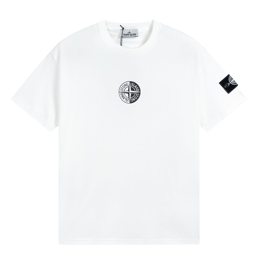 Stone lsland 夏のファッションの新しい黒と白のコンパスの袖口カフスボタンプリント柄半袖Tシャツ