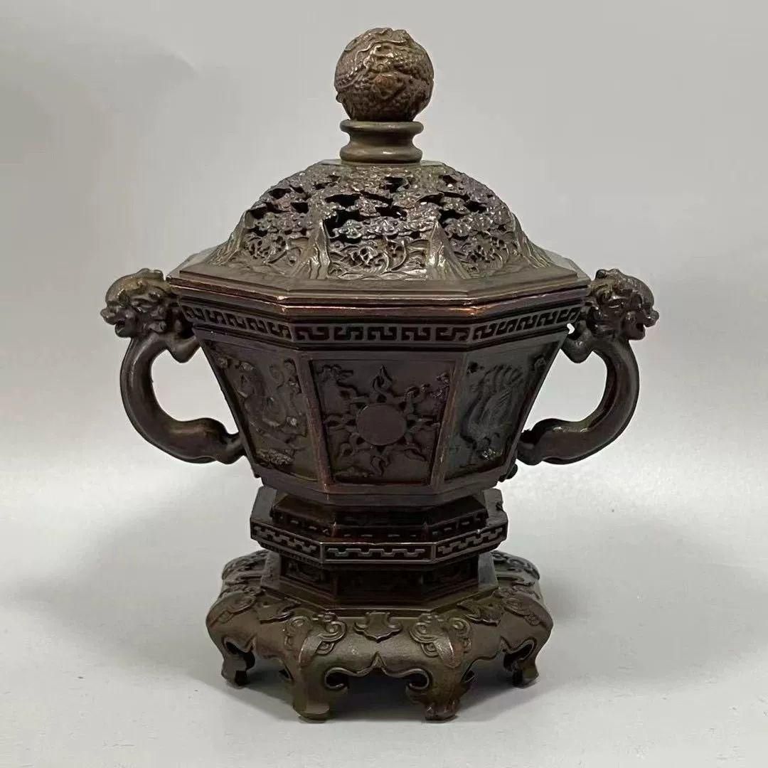 銅器 浮彫四大神獣香炉 茶道具 香道具 室内薫香炉 装飾品 工芸品