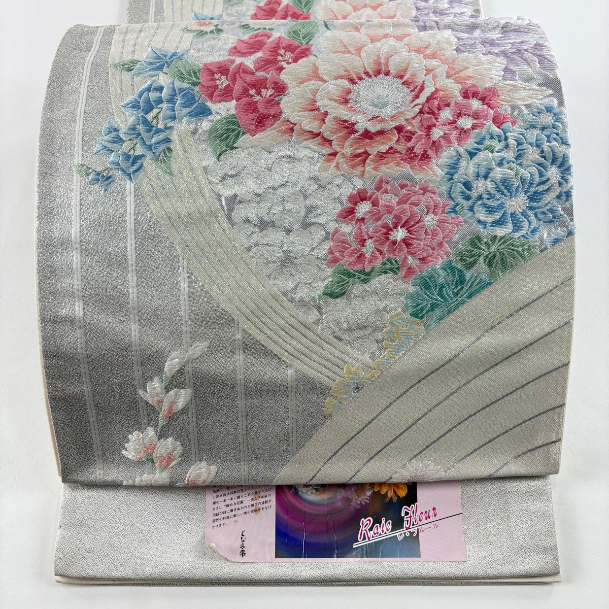 袋帯 秀品 となみ織物 証紙 プラチナ箔 草花 幾何学 唐織 箔 銀色 六通 正絹 【中古】