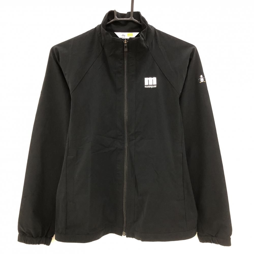 【美品】マンシングウェア ジャケットブルゾン 黒 格子織生地 ロゴ刺しゅう レディース M ゴルフウェア Munsingwear