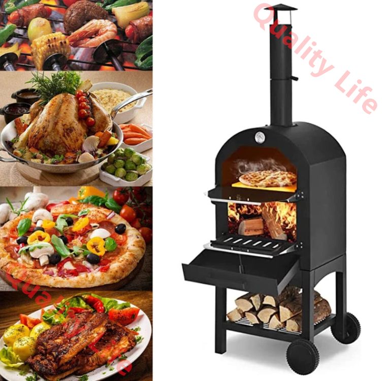 ピザ窯 ピザオーブン キャンプ 屋外用 12 ポータブル 2層 薪ストーブ ピザメーカー ピザ焼き釜 最高火力900? 温度計付き 取り外し なホイール付き 煙突付き PIZZA窯 家庭用 アウトドア オーブン 石窯料理