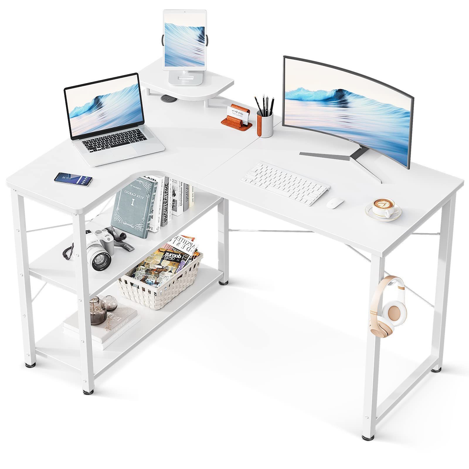 『数量限定』 書斎 組立簡単 在宅勤務 ホワイト オフィスデスク コーナーデスク 収納 ラック付き 机 デスク pcデスク 左棚 L字デスク 幅110 ゲーミングデスク L字 パソコンデスク ODK