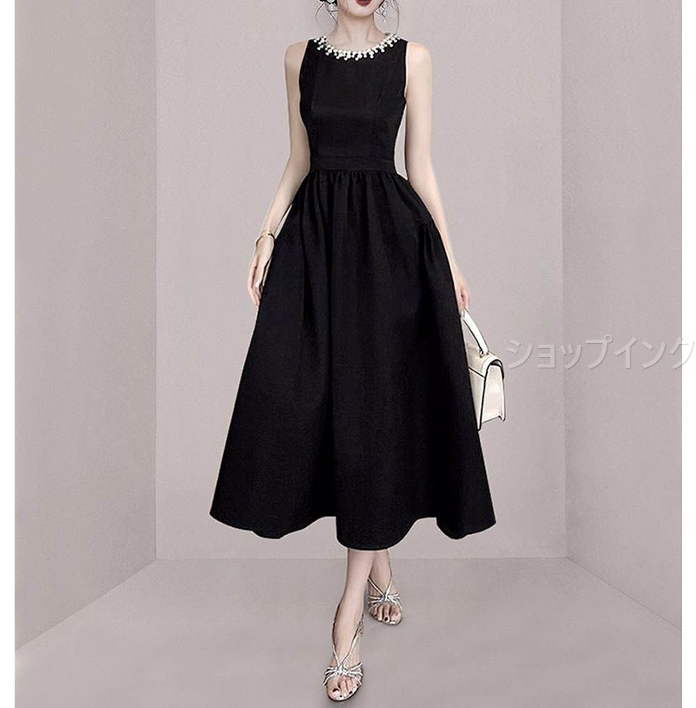 パーティードレス 結婚式 代 代 ミモレ丈 ノースリーブ 韓国風 サイズ フォーマルドレス ブラック ワンピース シンプル パール ビジュー お呼ばれ 二次会 披露宴 謝恩会 上品