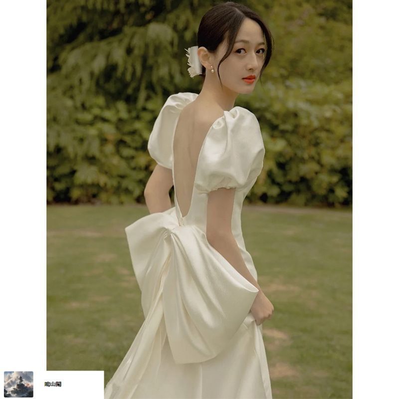 送料無料 2025 森ガール系サテンドレス 背中あき×軽やかシルエット 旅フォト＆屋外セレモニー対応-8.15LYC680夏の新生活 WWW_MORNINGWALKER_COM