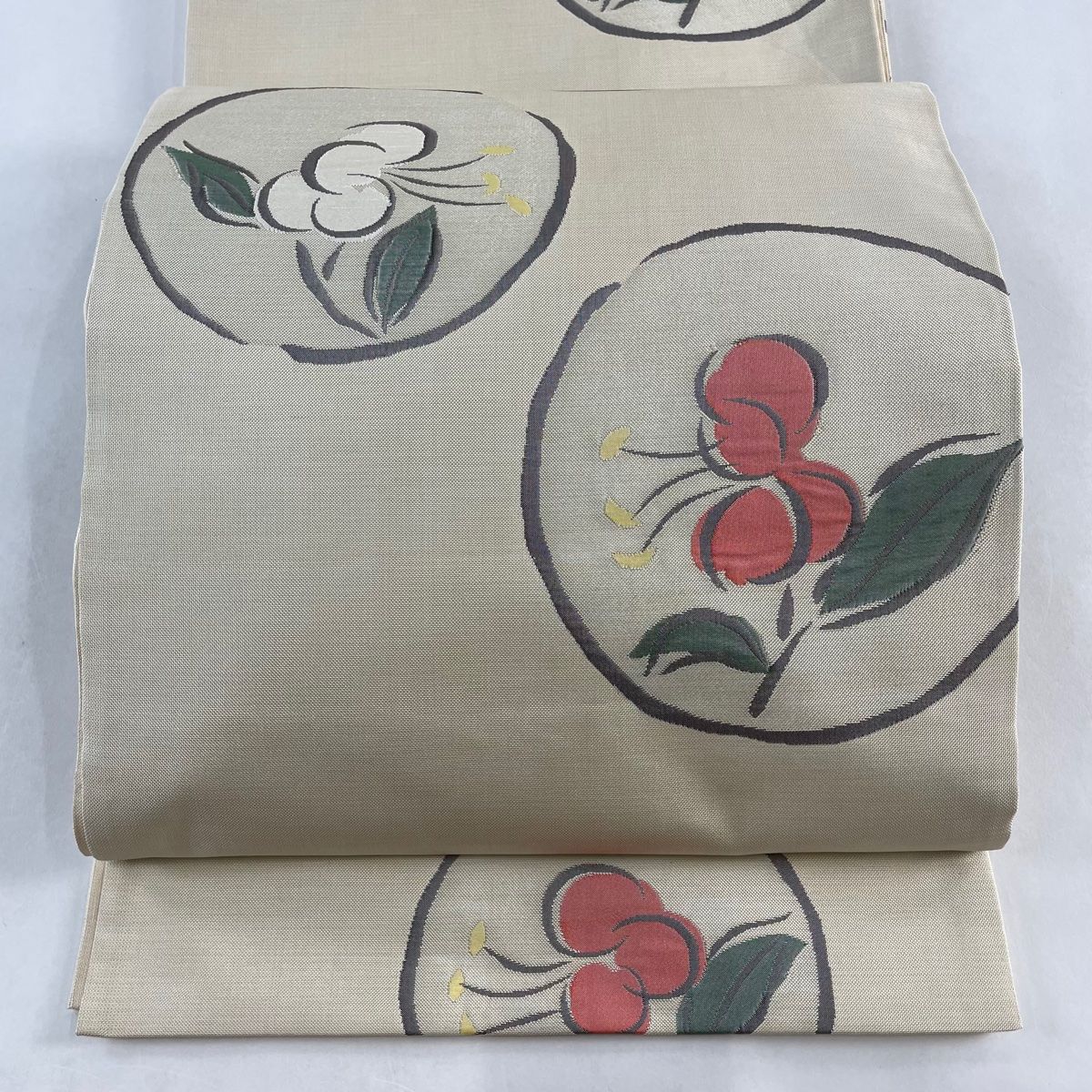 袋帯 美品 名品 木屋太 落款 丸文 花 ベージュ 六通 正絹 【中古  