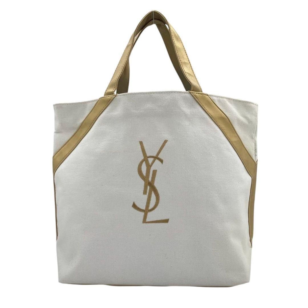 【美品】イヴサンローラン ハンドバッグ YSL ロゴ 刺繍 レザー イエロー系 イヴサンローラン トートバッグ ホワイト キャンバス YSLロゴ