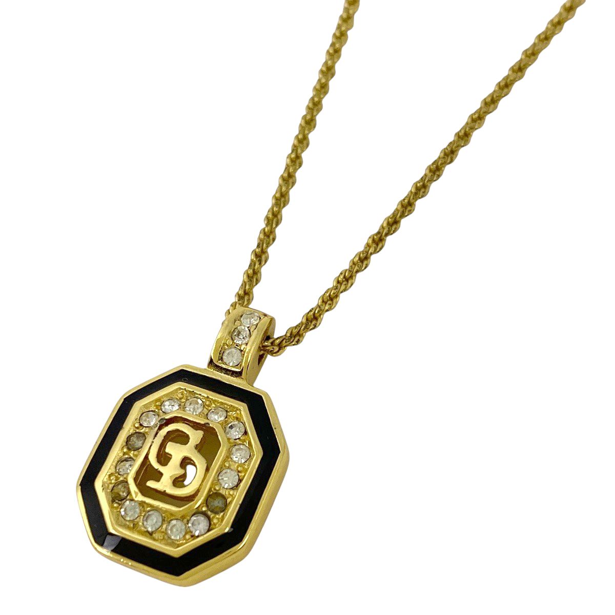 在庫一掃 クリスチャンディオール Christian Dior ロゴ ラインストーン ネックレス CD ネックレス GP ゴールド ブラック レディース
