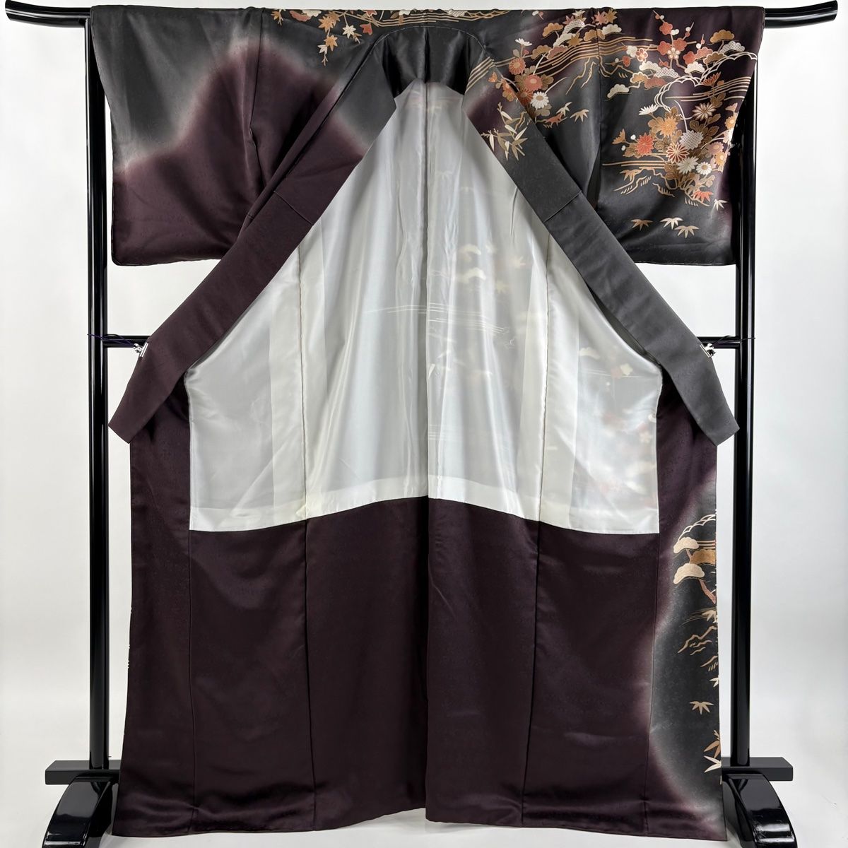 訪問着 身丈170cm 裄丈67.5cm L 袷 松竹梅 菊 金彩 染め分け 黒